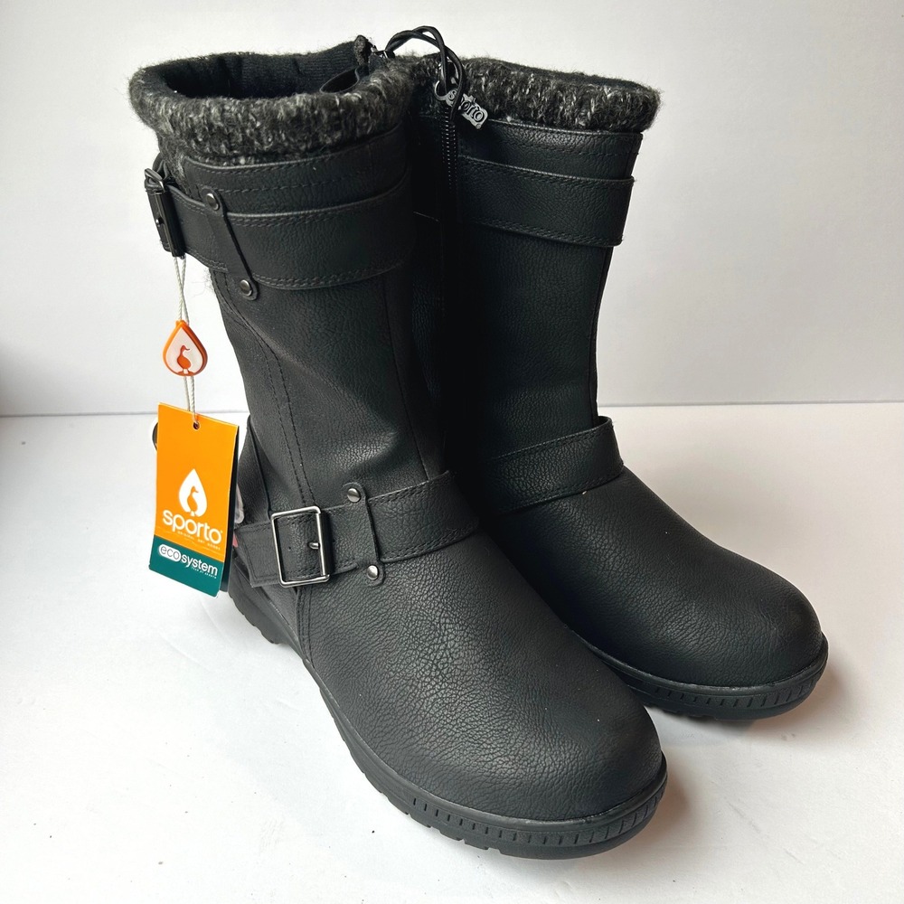 NEW Sporto Norway Winter Boots Womens 7W Black WP Knit Trim Buckle Side Zip Gorp